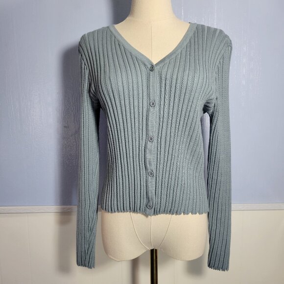 Hippie Rose Small Medium Blue Gray Longsleeve Button Up Ruffled Hem Sweater - Picture 1 of 8